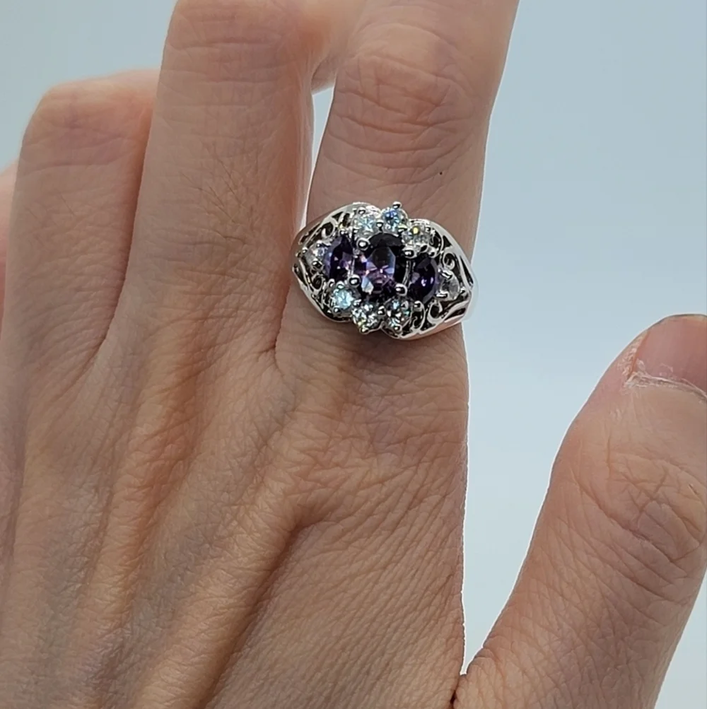925 Sterling Silver White Gold Plated ring Simulated Amethyst size 6.75